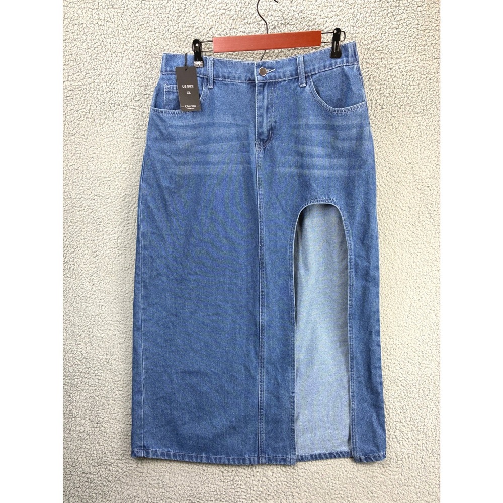 Chartou Front Slit Denim Midi Skirt Womens XL Blue High Waist Cut Out Casual NWT